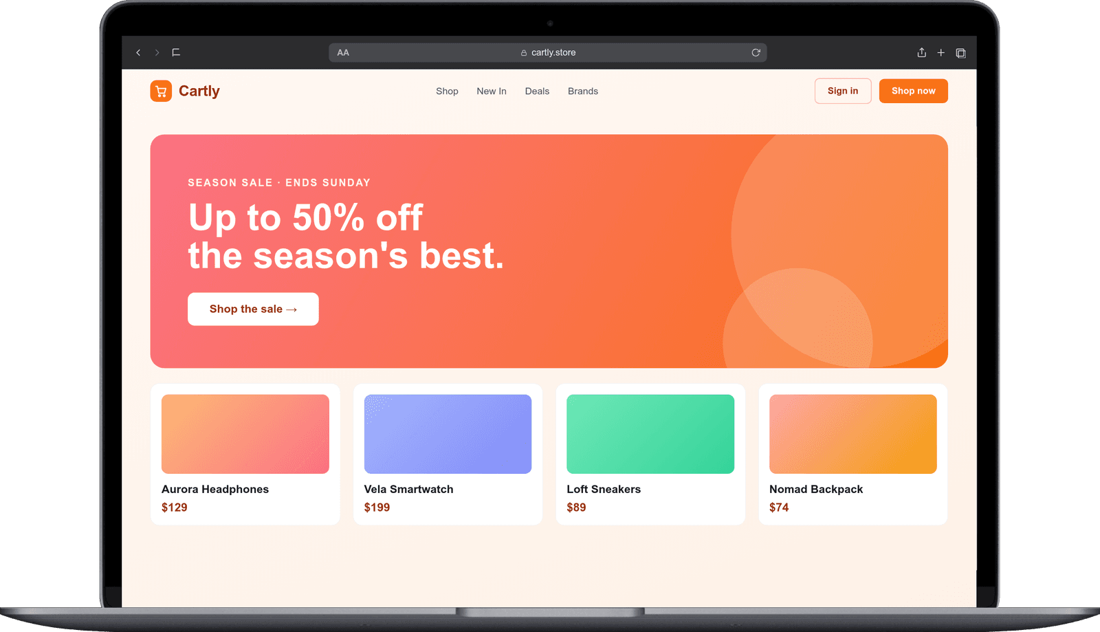 Cartly — eCommerce Storefront — website shown on a laptop