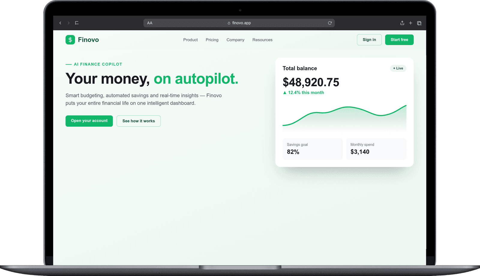 Finovo — AI Finance App — website shown on a laptop