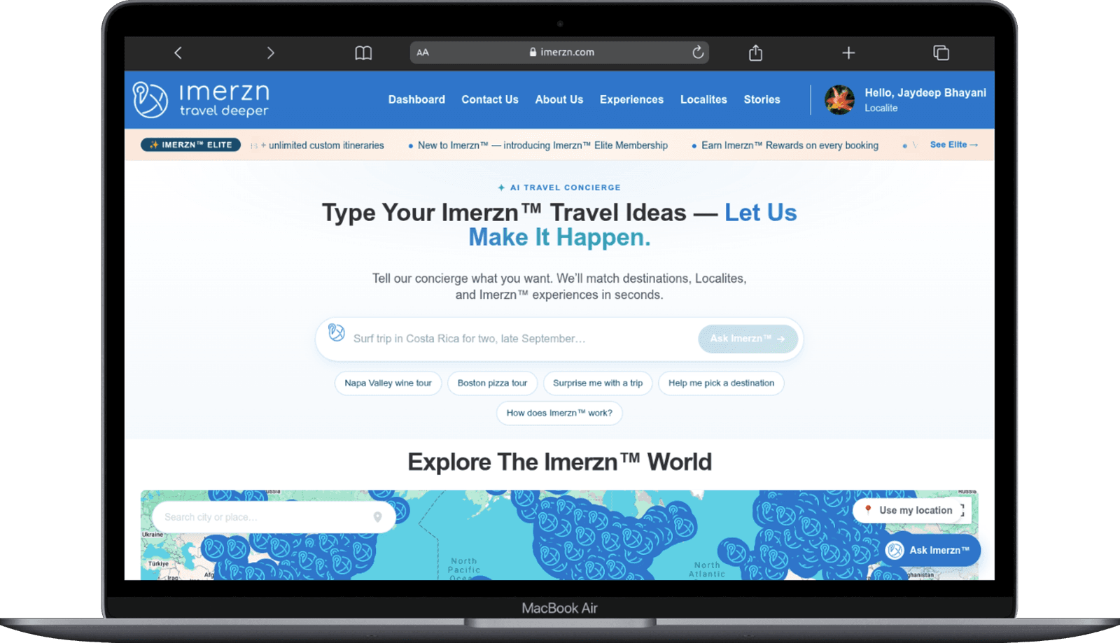 Imerzn — AI Travel Platform — website shown on a laptop