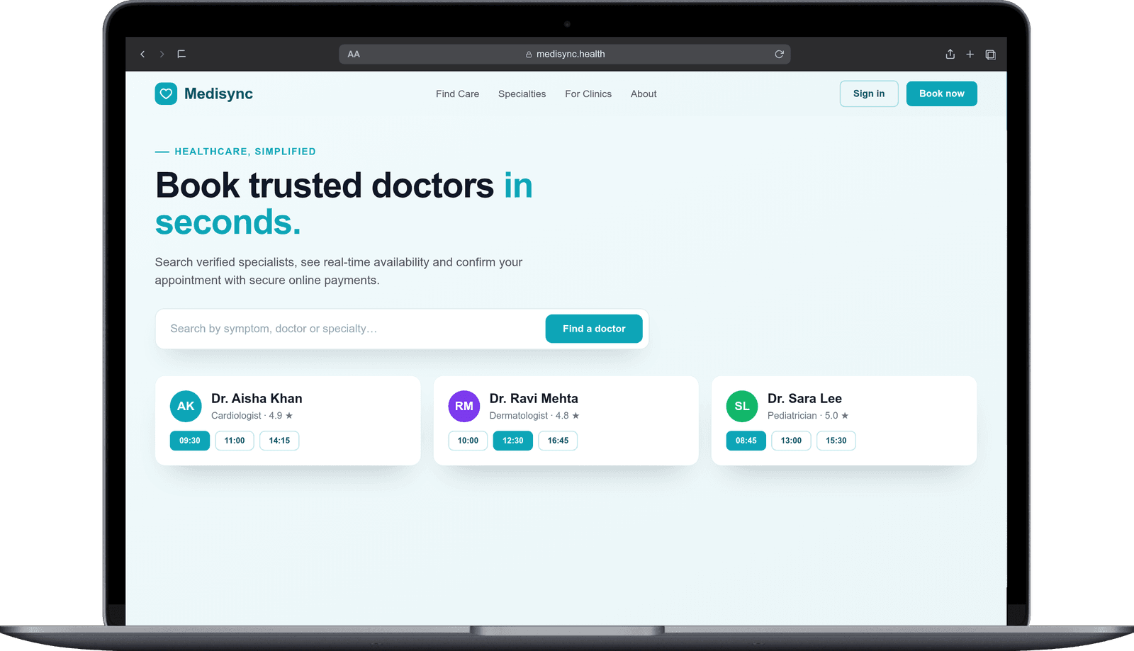 Medisync — Healthcare Booking — website shown on a laptop