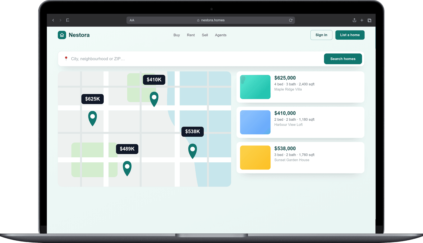 Nestora — Real Estate Platform — website shown on a laptop