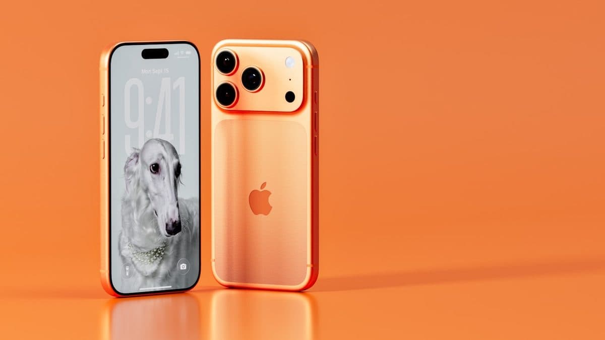 An iPhone 17 Pro shown front and back on an orange backdrop