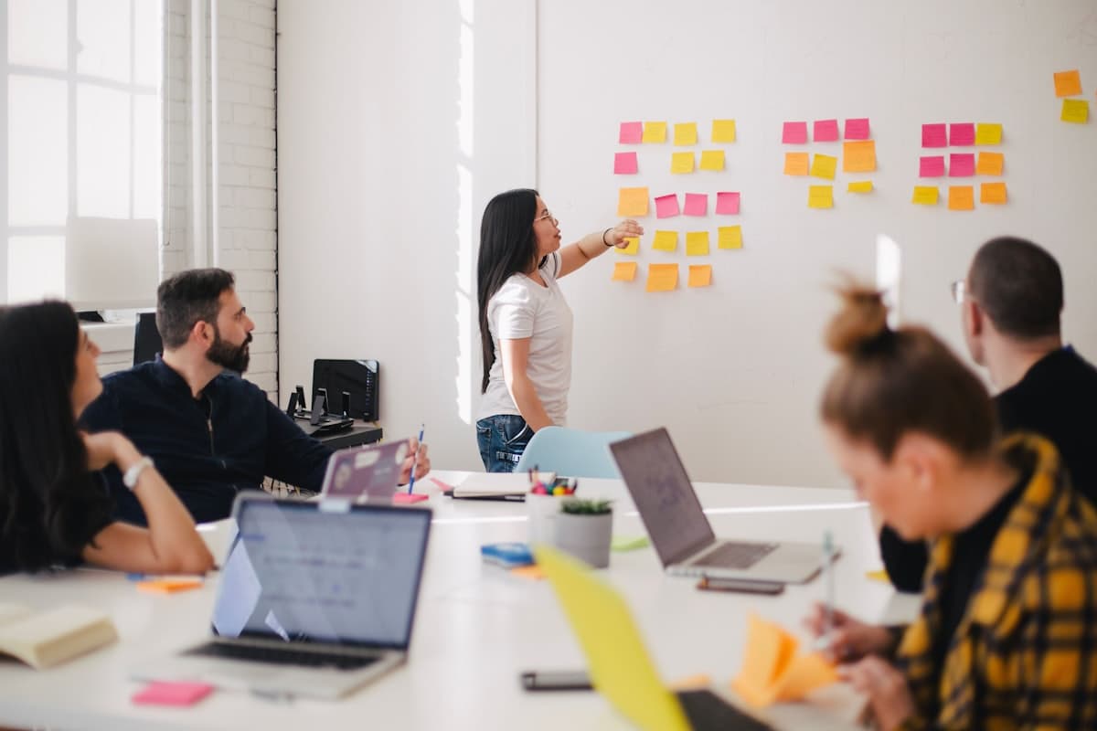 A team planning a project with sticky notes on a wall