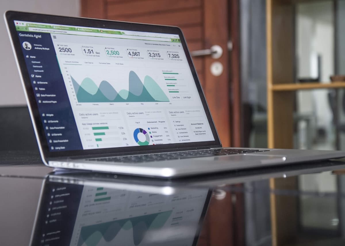 An analytics dashboard with growth charts on a laptop