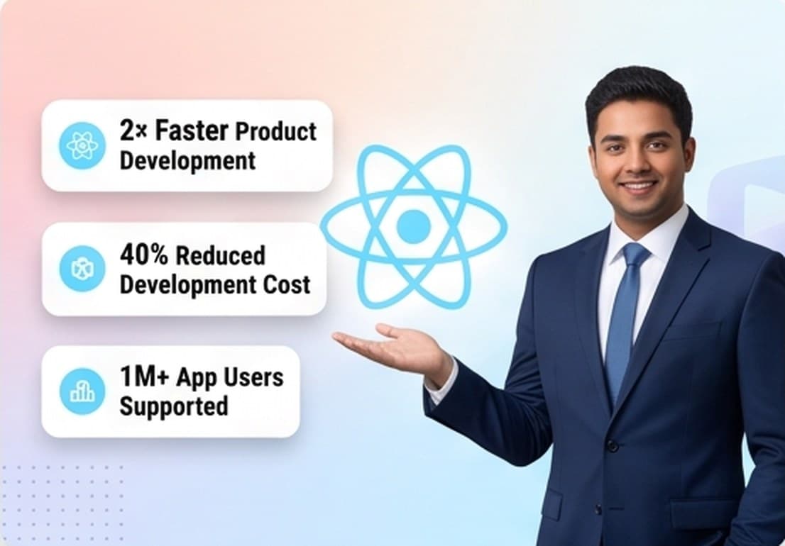 React Native — One codebase, both app stores — native-feeling iOS and Android apps at nearly half the cost.